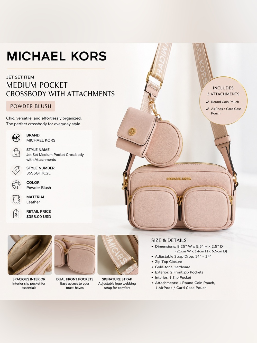 🌸 Michael Kors Jet Set Medium Pocket Crossbody w/ Attachments – Powder Blush 🌸